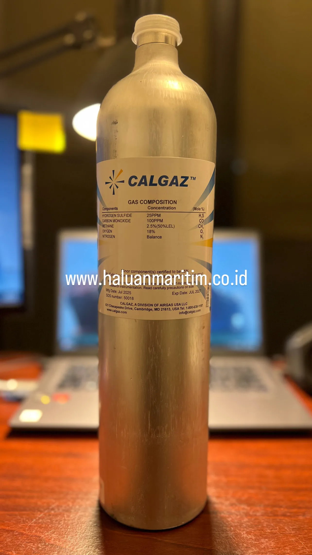 SPAN GAS CALGAZ 25 PPM H2S 100 PPM CO 2.5%(50%LEL) METHANE 18% O2 BALANCE N2 58 LITER