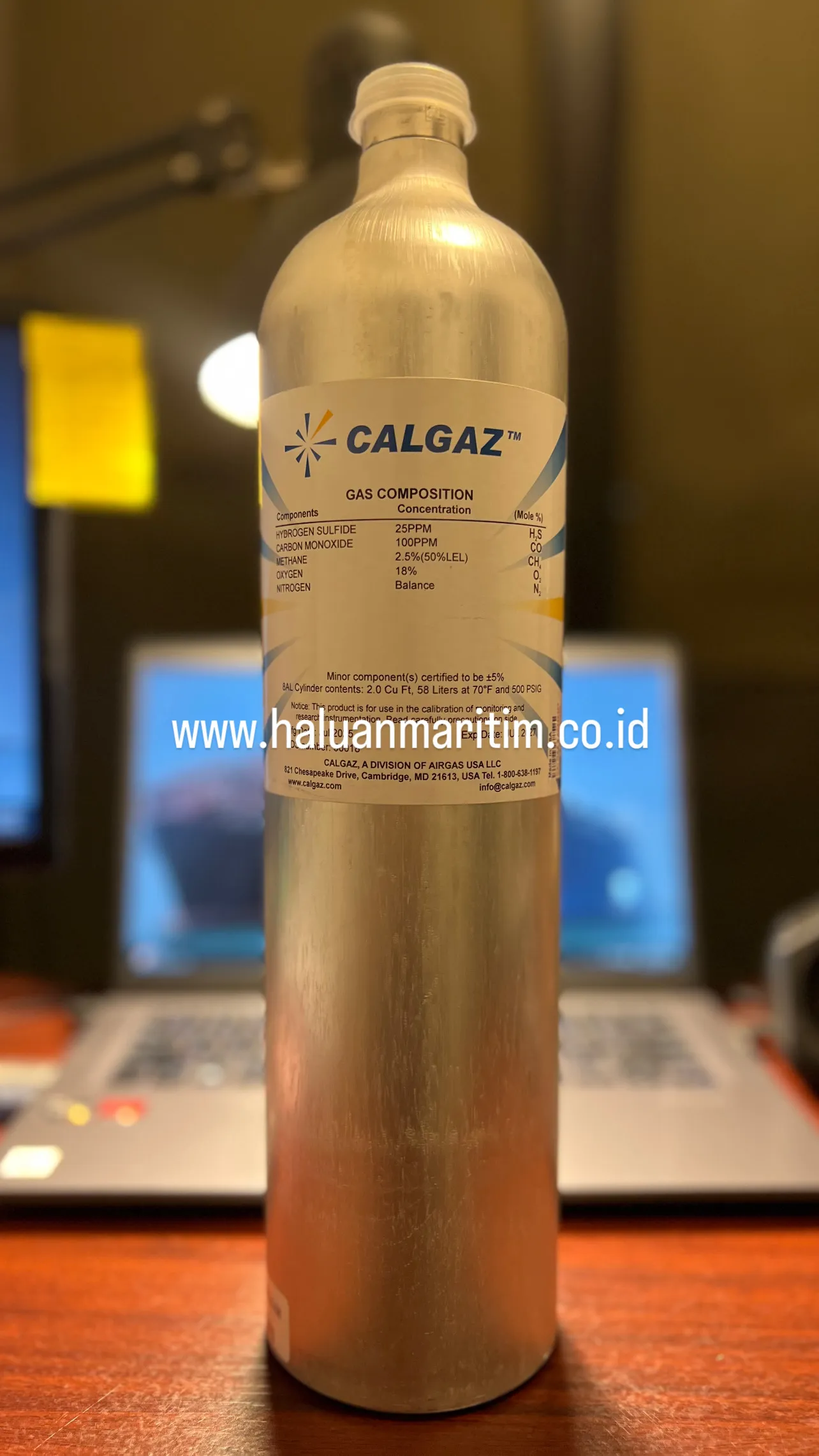 SPAN GAS CALGAZ 25 PPM H2S 100 PPM CO 2.5%(50%LEL) METHANE 18% O2 BALANCE N2 58 LITER