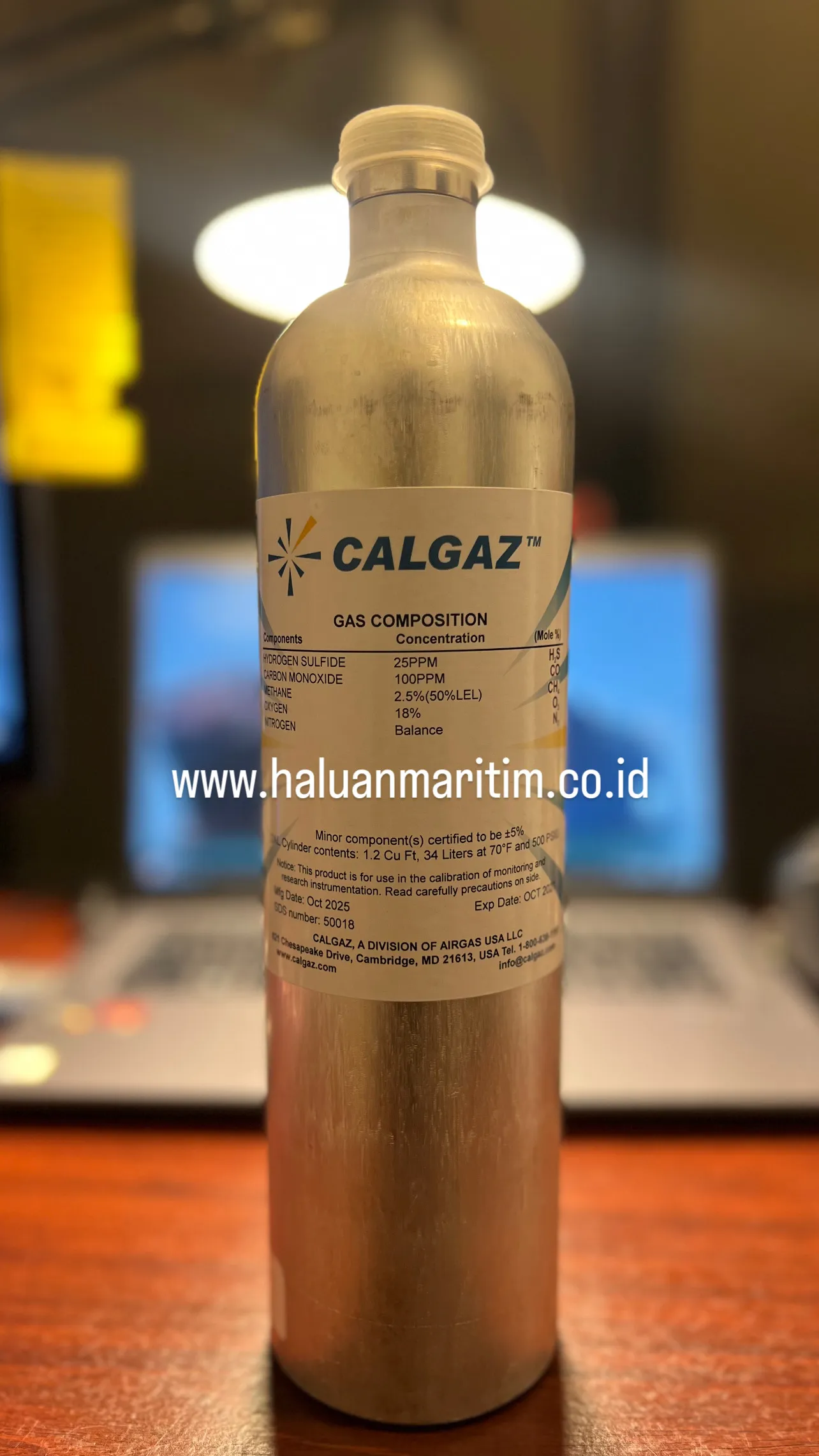 SPAN GAS CALGAZ MIX GAS 25PPM H2S 100PPM CO 2.5%(50%LEL) METHANE 18% O2 BALANCE N2 34 LITER