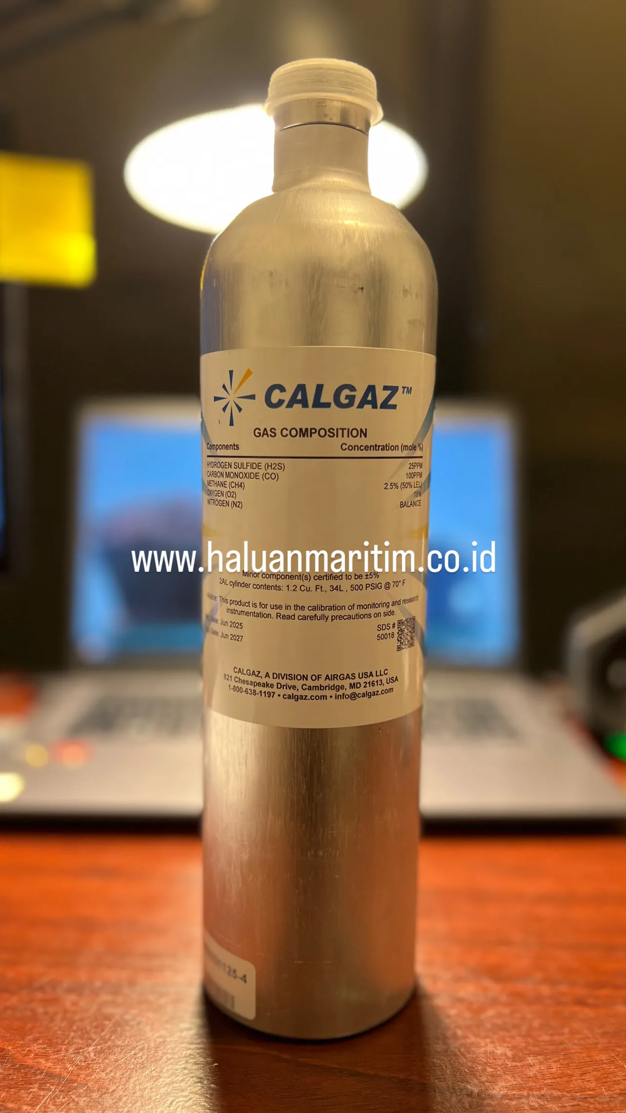 SPAN GAS CALGAZ 25 PPM H2S 100 PPM CO 2.5%(50%LEL) METHANE 18% O2 BALANCE N2 34 LITER