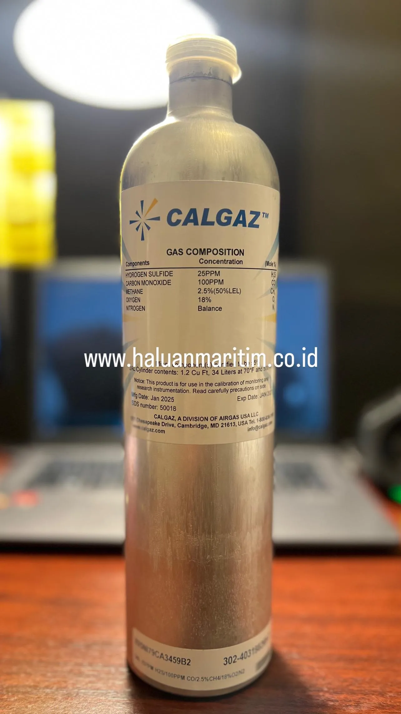 SPAN GAS CALGAZ 25PPM H2S 100PPM CO 2.5%(50%LEL) METHANE 18% O2 N2 BALANCE 34 LITER